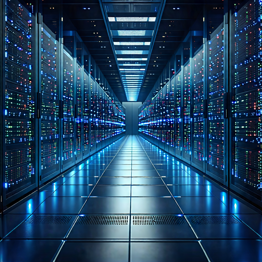 Tech Digital Illustration: Server Rack With Digital Particles With Large Computer