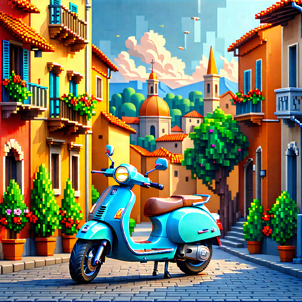 Urban Voxel Art: City Electric Scooter In Historic Quarter With Blue Scooter