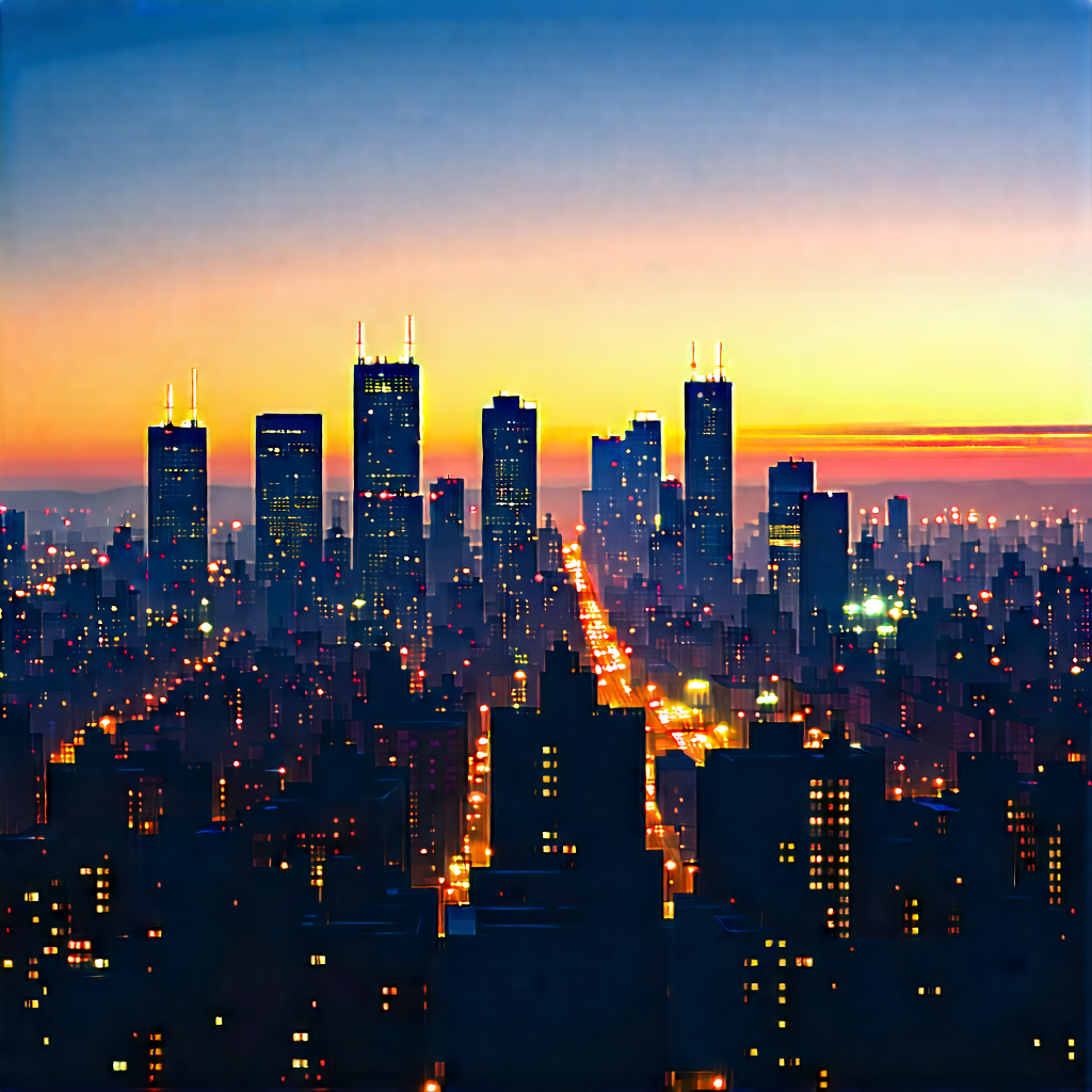 Urban Vector Art: Cityscape of urban skyline during sunset