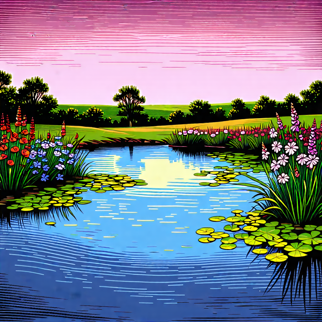 Nature Linocut Print: Tranquil Pond Surrounded By Wildflowers With Serene Scene