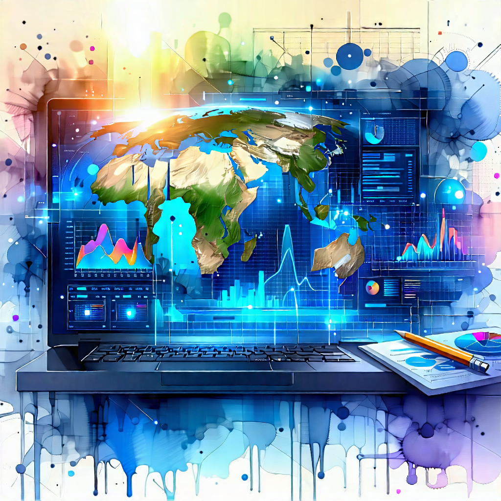 Tech Watercolor Painting: Big Data Visualization With Laptop Computer