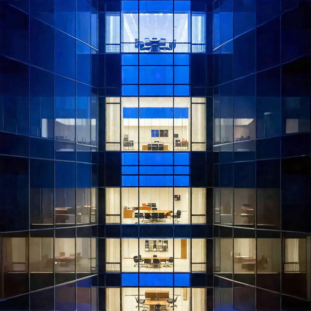 Urban Product Photography: Glass Office Tower With Dramatic Lighting With Large Office