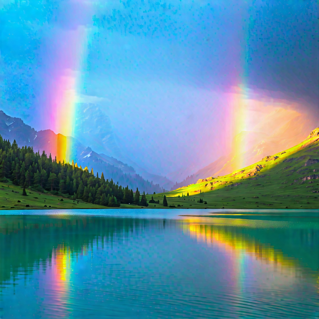 Nature Minimalist Design: Rainbow Over Alpine Lake With Beautiful Scene