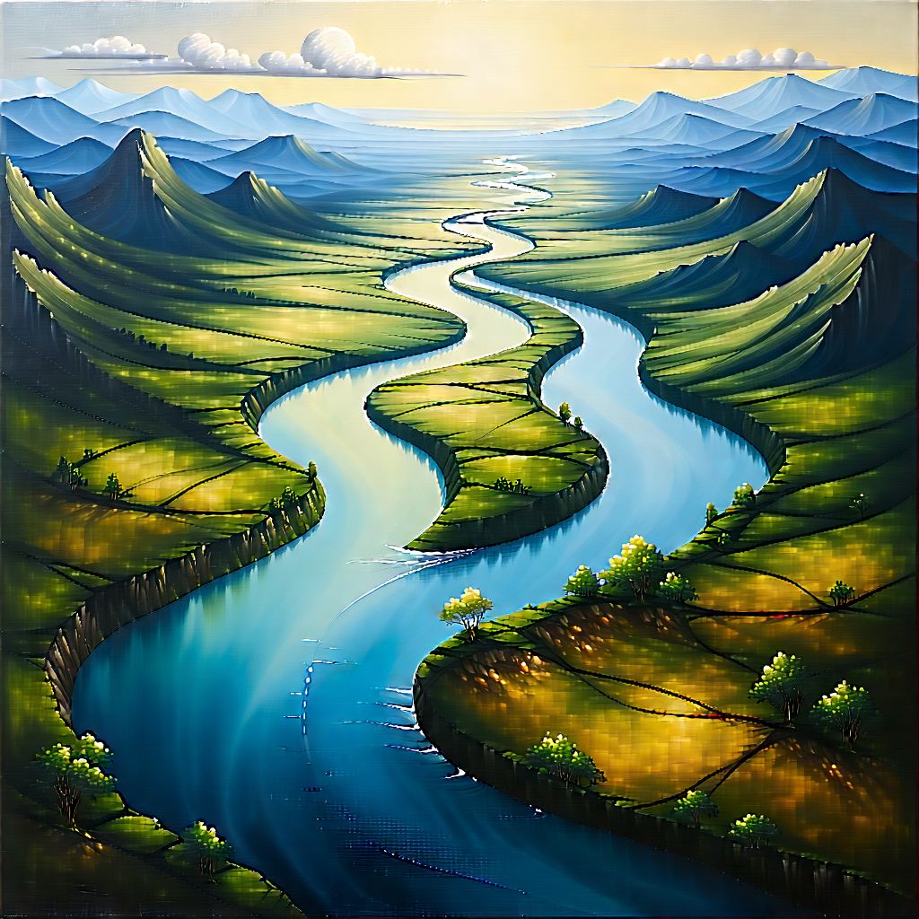 Nature Oil Painting: Aerial View Of Winding (river:1.35) With Painting River