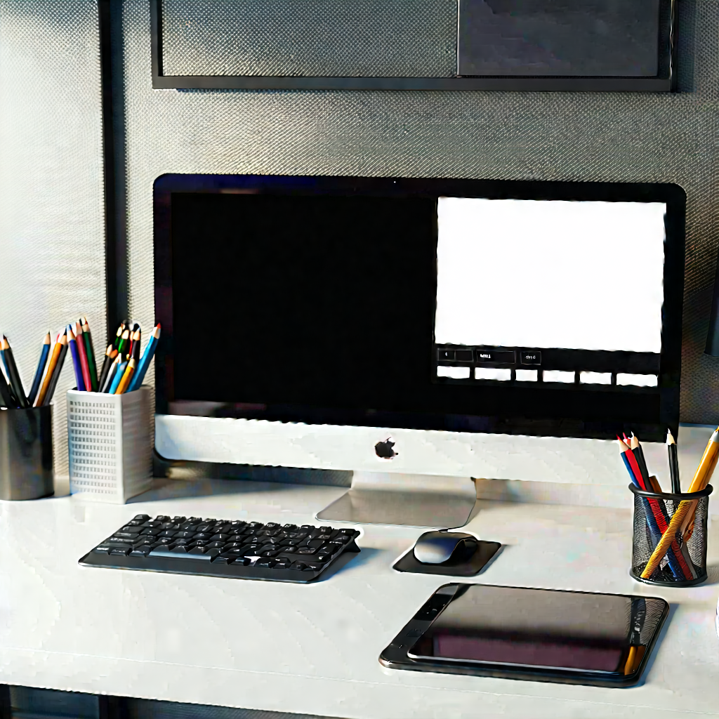 Business Macro Photography: Workplace with (digital:1.21) devices on desk