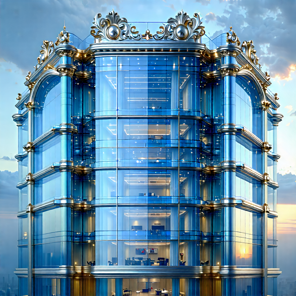 Urban Oil Painting: Glass Office Tower With Ornate Details With Large, Modern