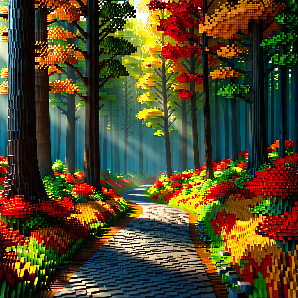 Nature Voxel Art: Path Through Autumn Woodland With Digital Artwork