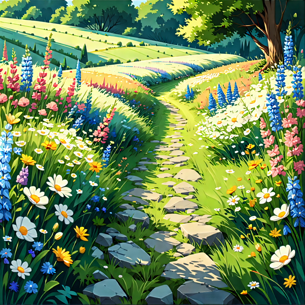 Nature Infographic Style: Path Through Flowering Meadow With Beautiful, Lush