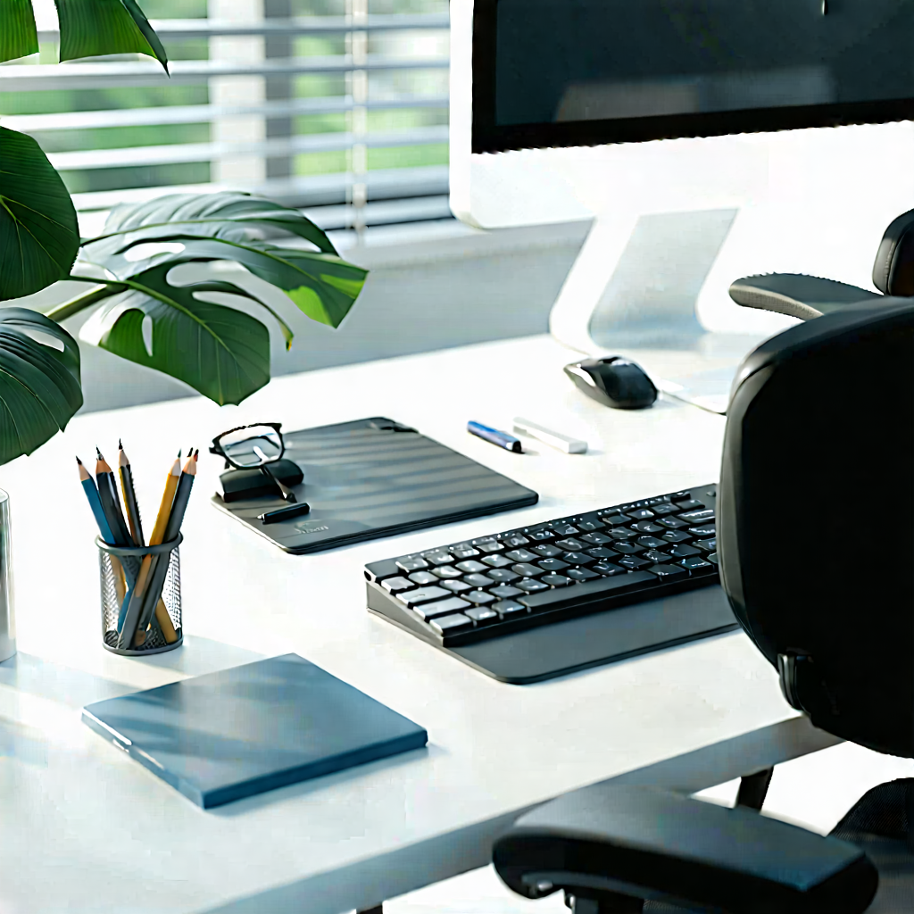 Business Low Poly: Workplace with productivity tools on desk