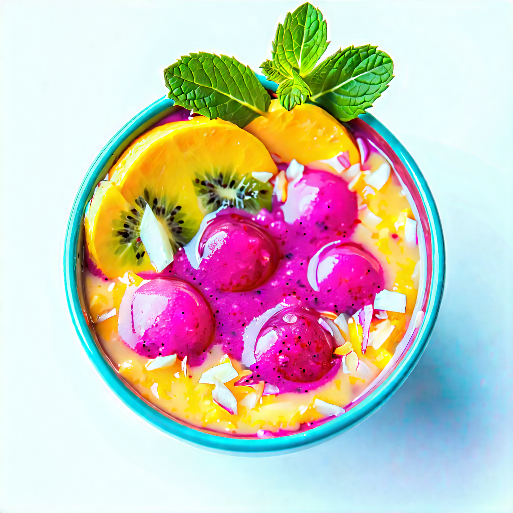 Lifestyle Landscape Photography: Smoothie Bowl Prepared With (vibrant:1.48) Colors With Bowl Filled