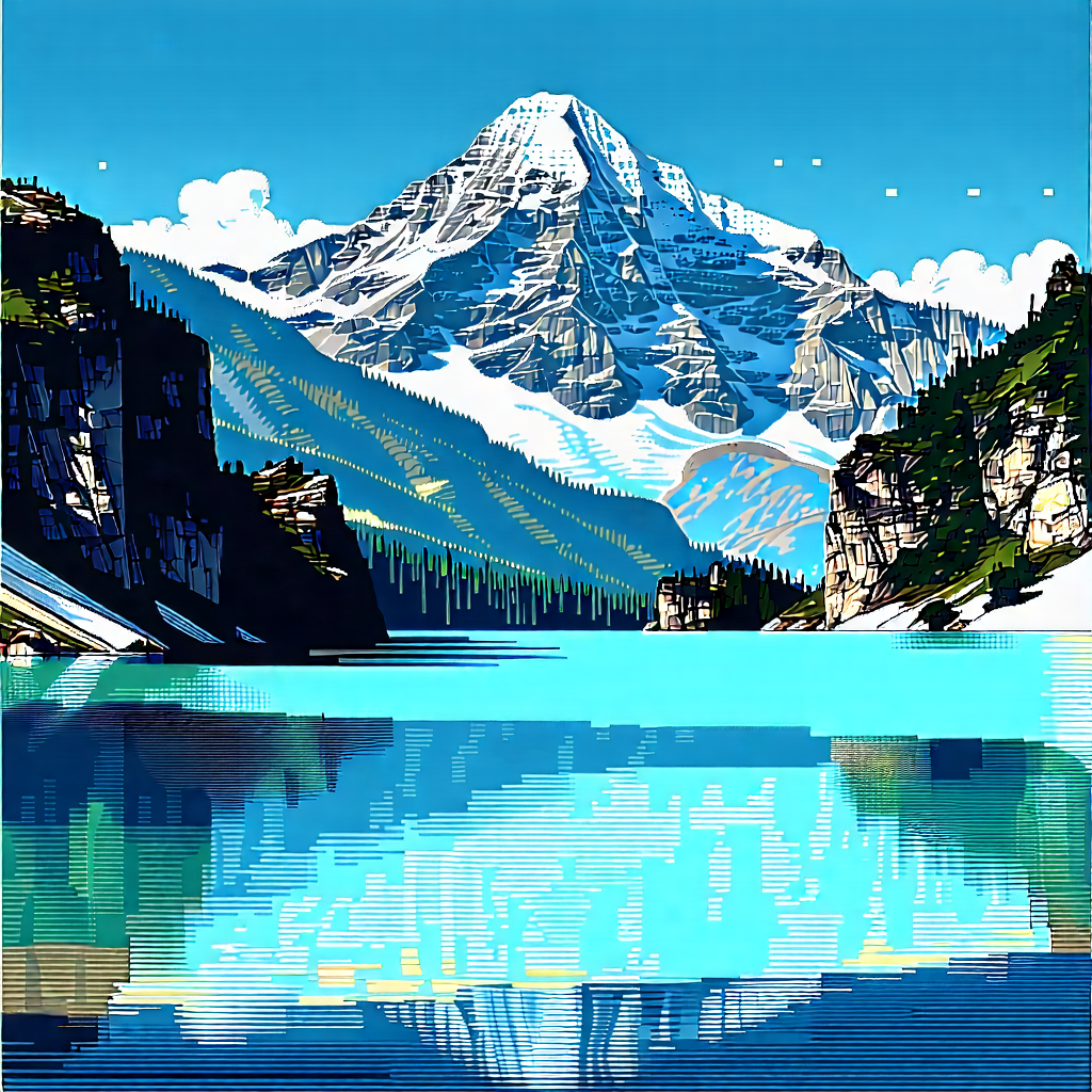 Nature Woodcut Print: Clear Sky Over Alpine Lake With Large Mountain
