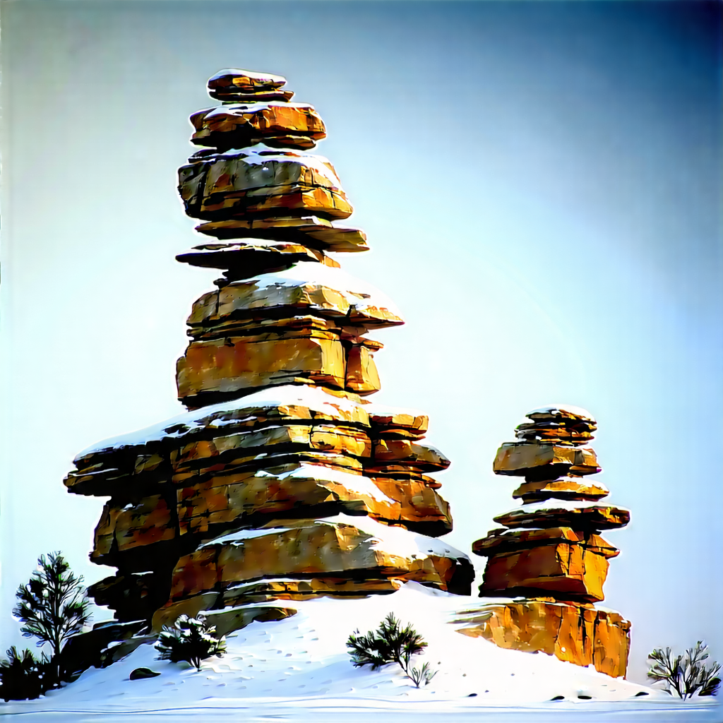 Nature Pastel Drawing: Rock Formation In Winter Snow With Snowy Landscape