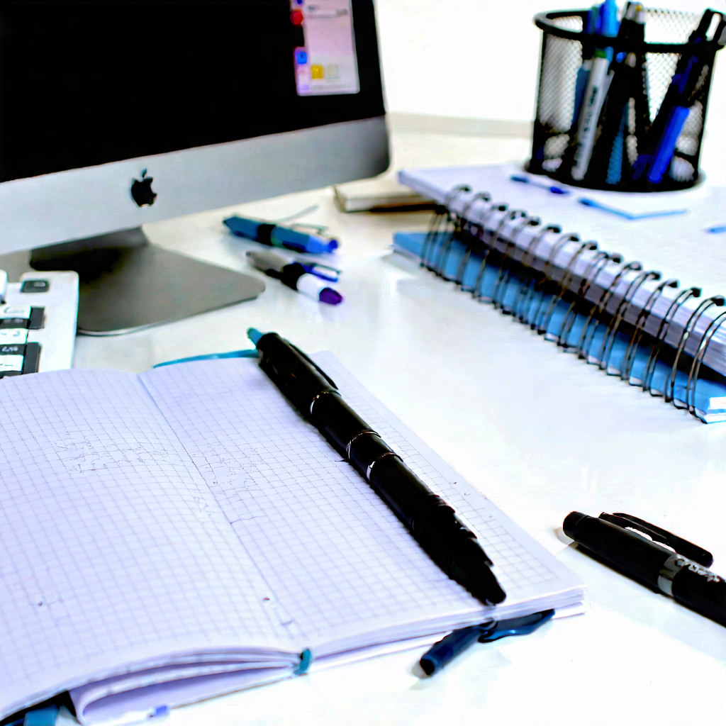 Business Editorial Photography: Workplace with notebooks and pens on desk