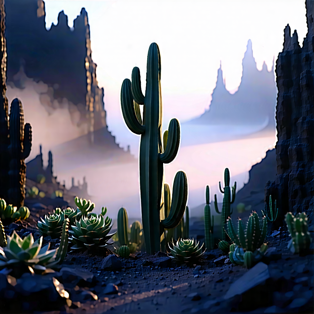 Nature Matte Painting: Cactus In Misty Environment With Desert Landscape