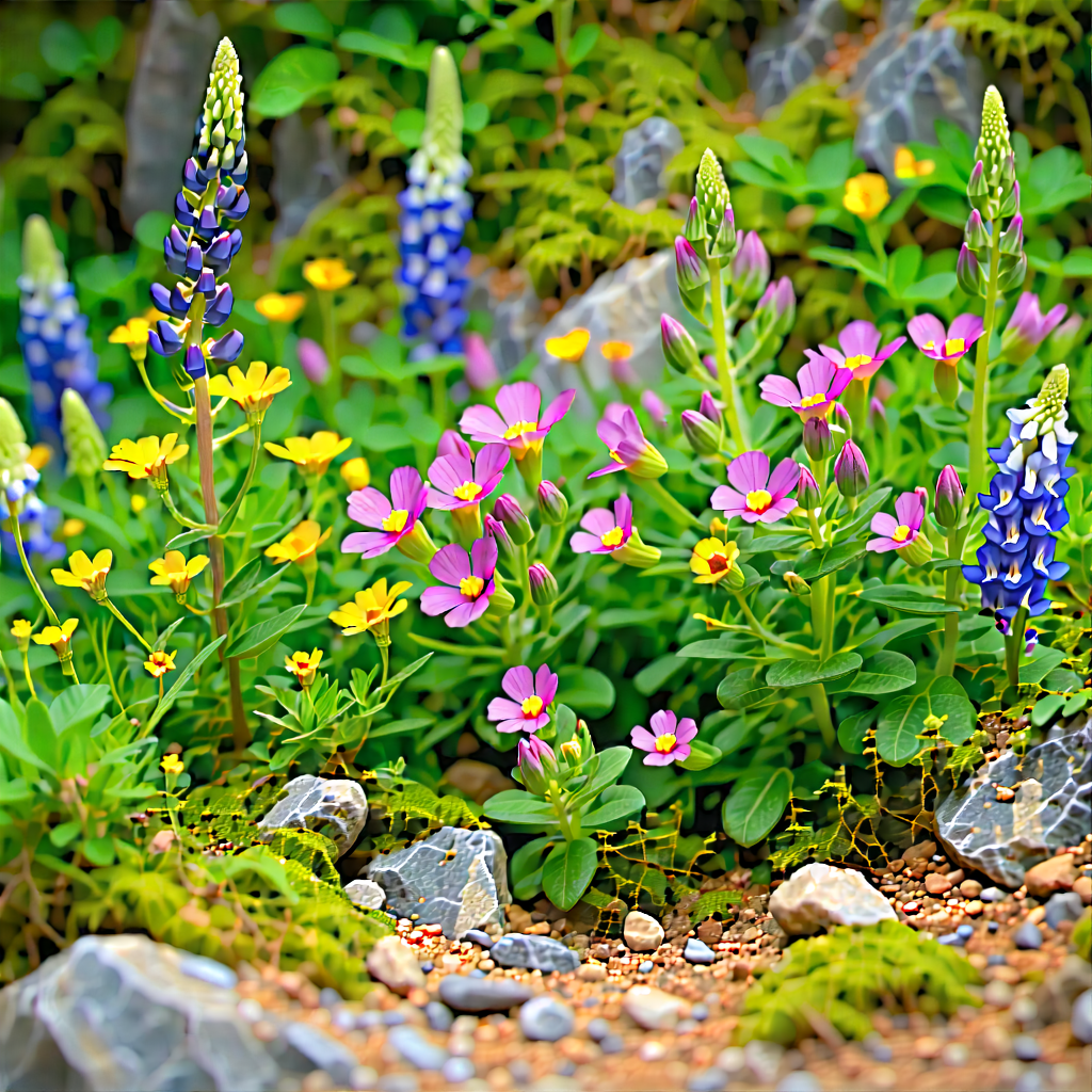 Nature Tilt-shift Photography: Wildflowers In Rocky Terrain With Beautiful Garden