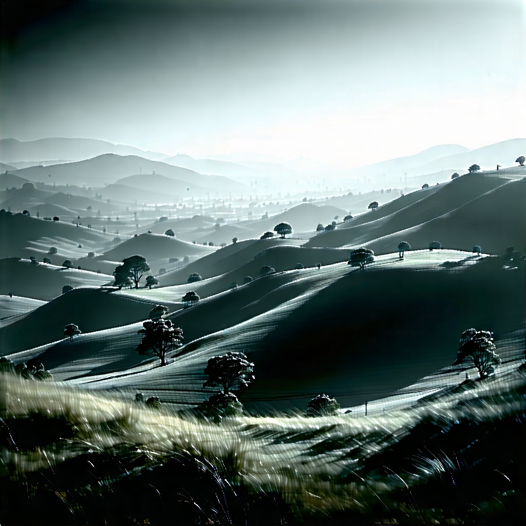 Nature Charcoal Drawing: Rolling hills during midday