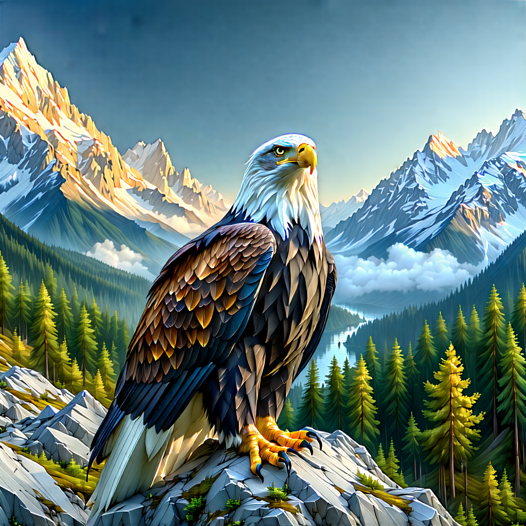 Nature Technical Illustration: Eagle In (mountain:1.1) Terrain With Majestic Bald