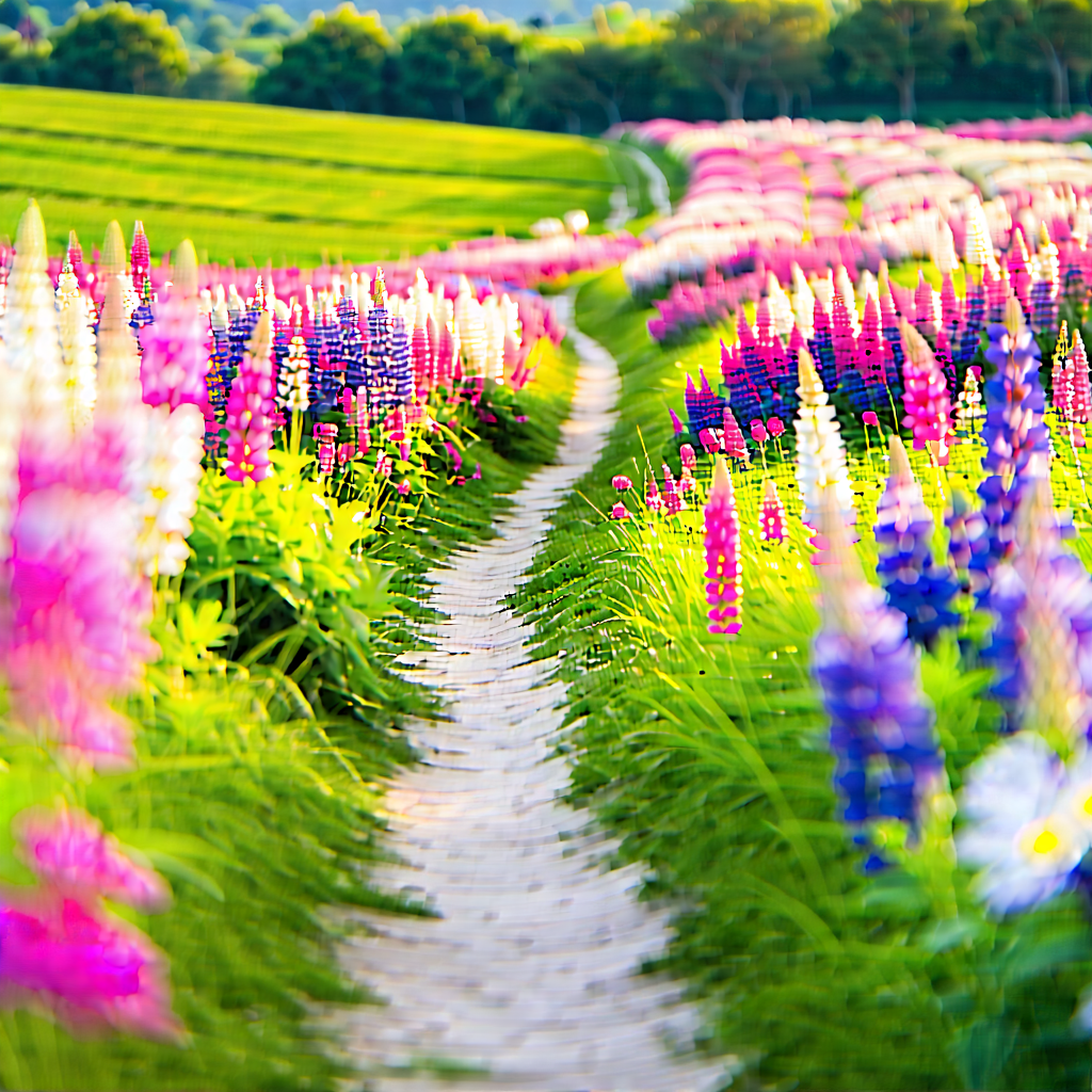 Nature Tilt-shift Photography: Path Through Flowering Meadow With Beautiful, Colorful
