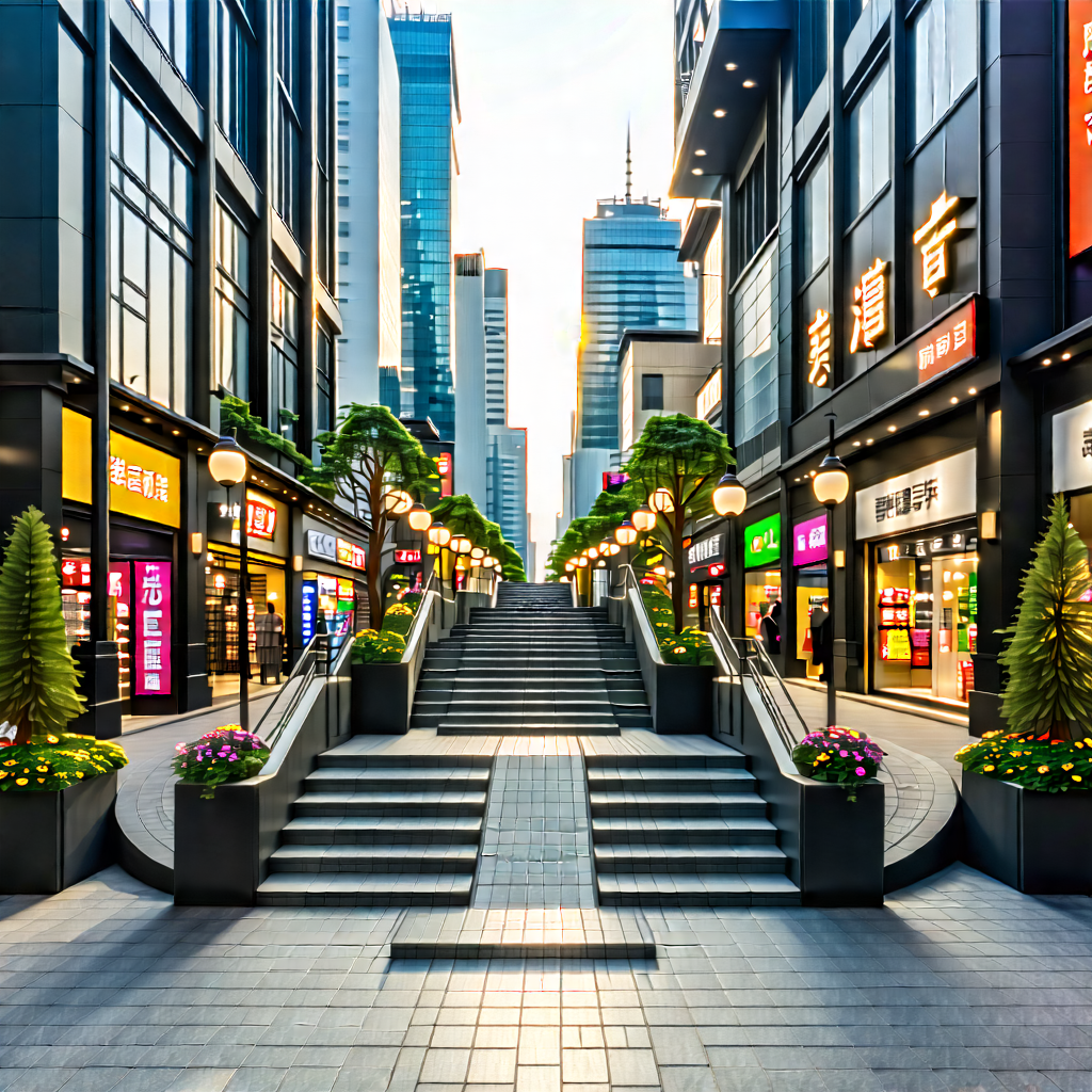 Urban Macro Photography: Urban Shopping District Scene With City Street