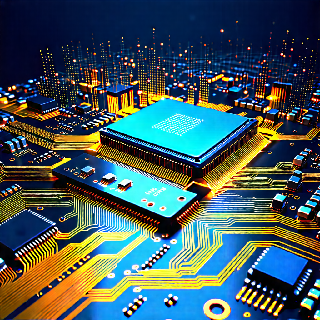 Circuit Board With Digital Particles With Futuristic, Computer-generated