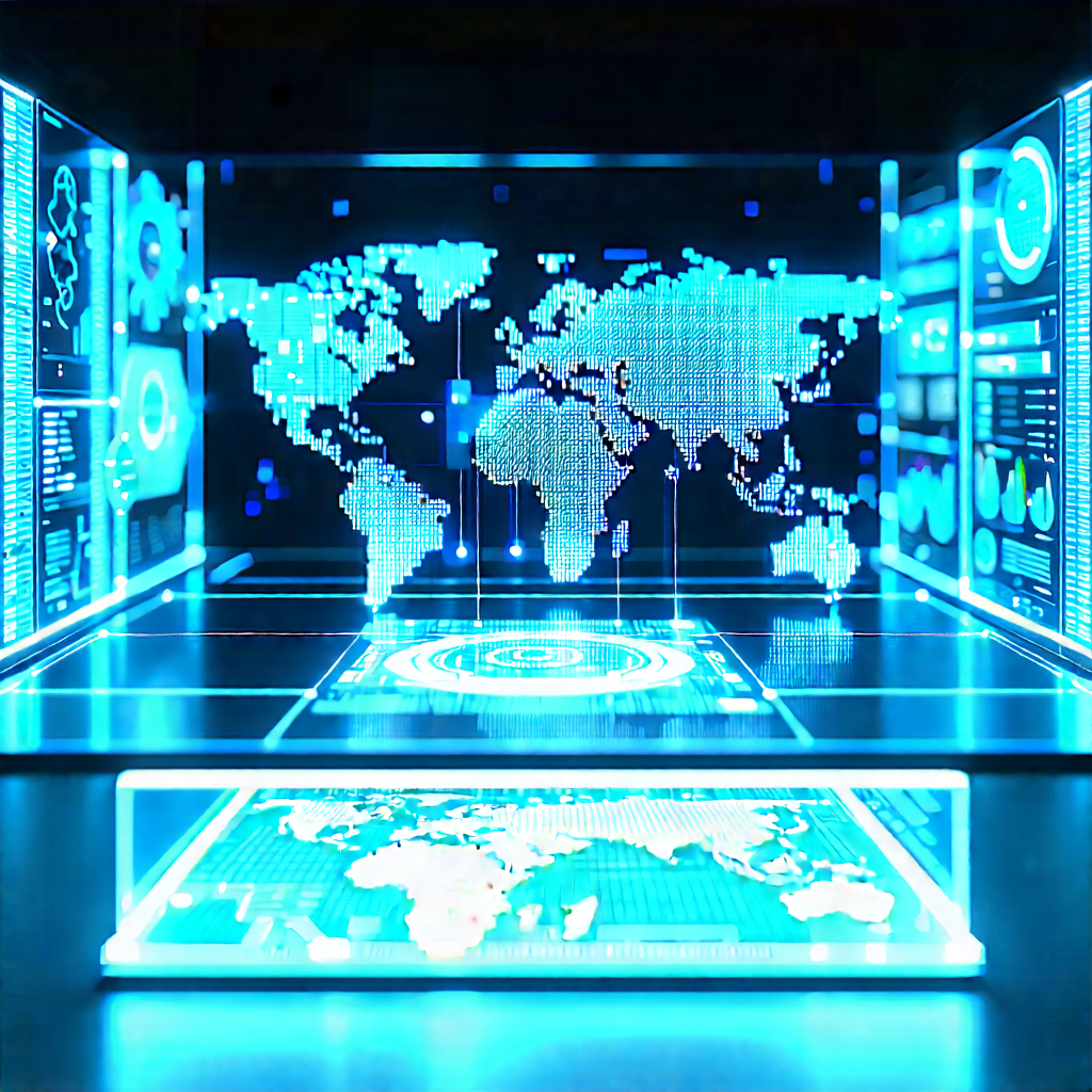 Financial Technology In Research Center With Large, Blue,