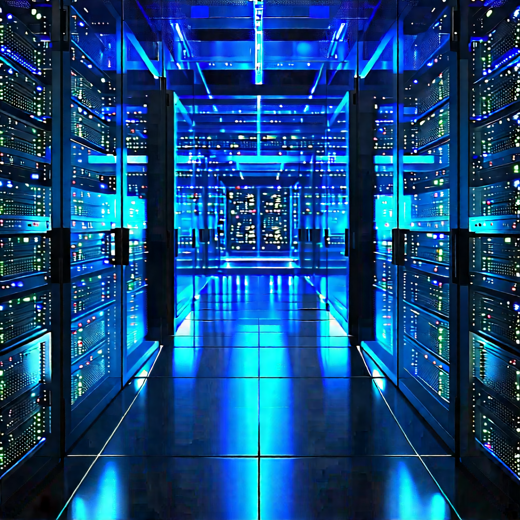 Server rack with blue light glow