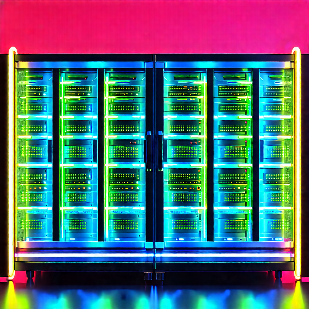 Server Rack With Neon Accents With Large Computer