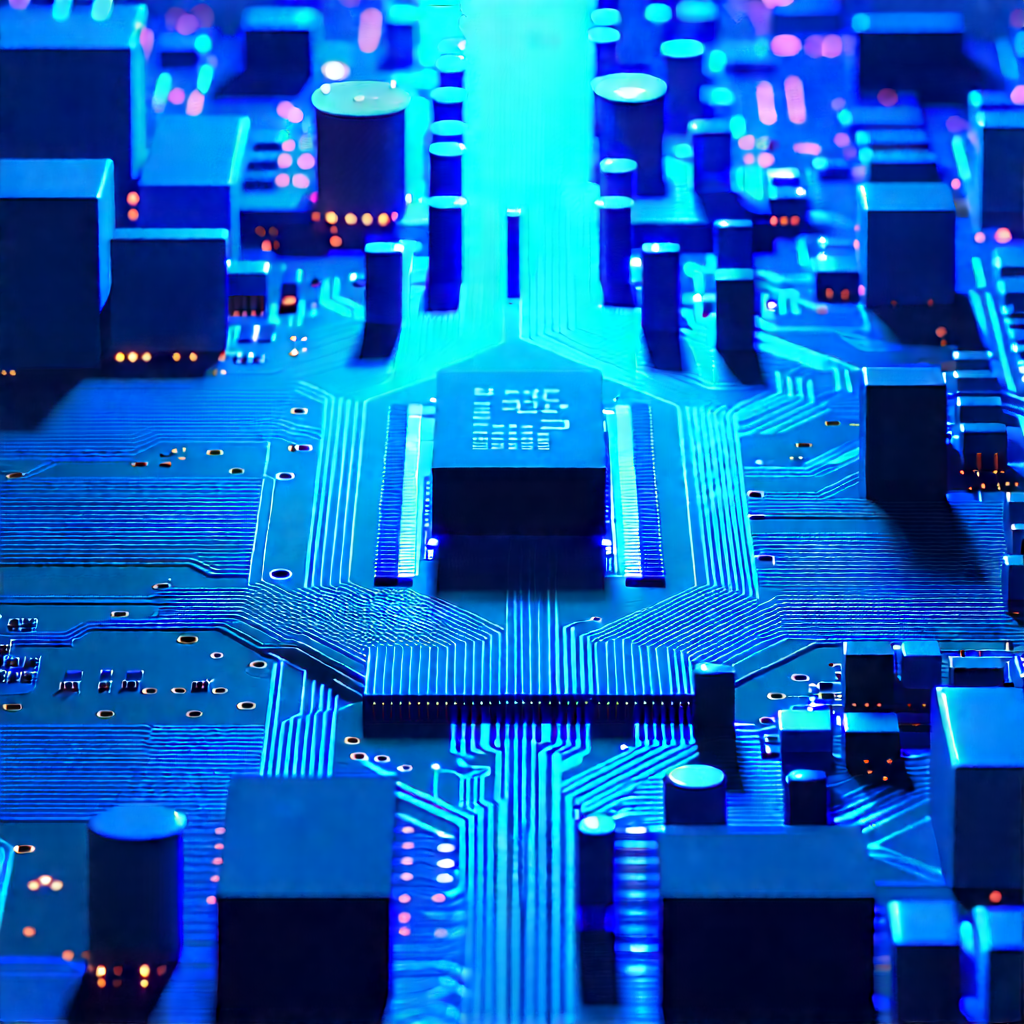 Circuit Board With Blue Light Glow With Close-up Computer