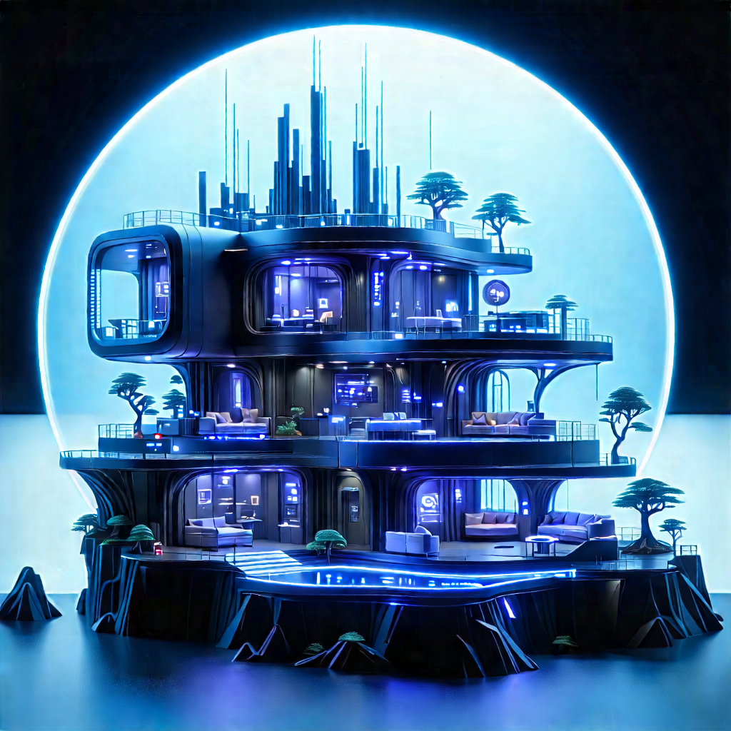 (futuristic:1.26) Smart Home With Futuristic, Blue-lit,