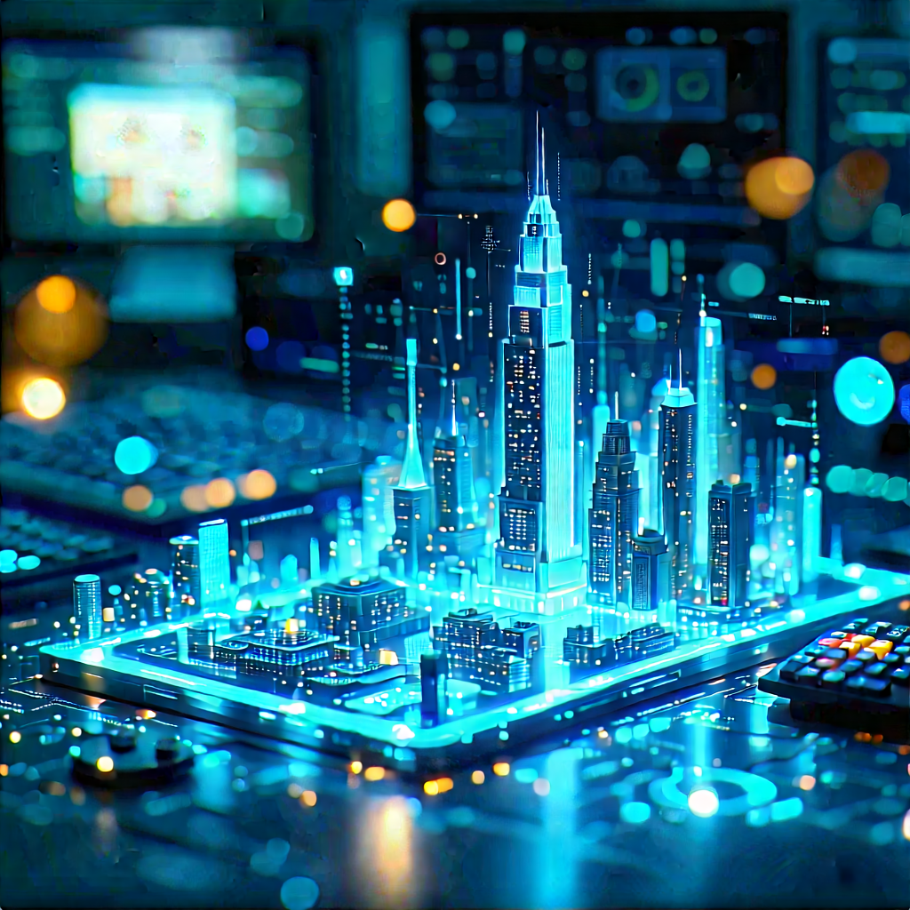 Financial Technology In Tech Office With Futuristic Cityscape
