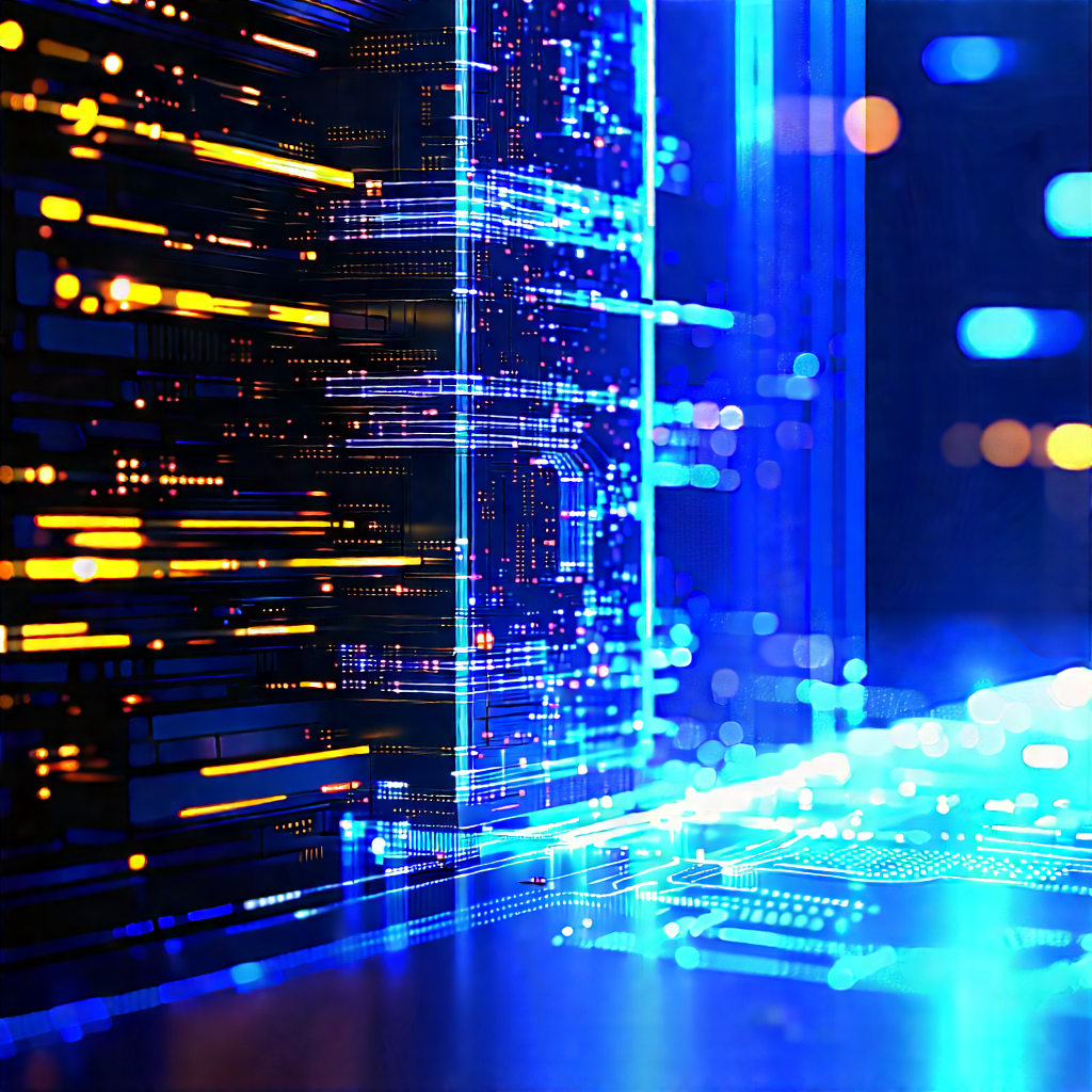 Quantum Computer With Blue Light Glow With Blue Yellow