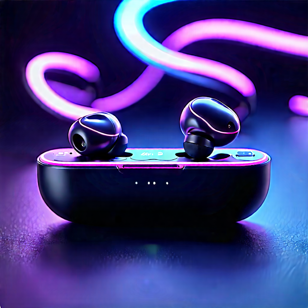Wireless Earbuds With Digital Artwork With Black Purple
