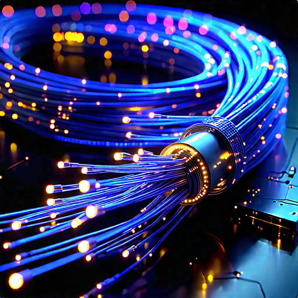 Close-up Of Fiber Optic Cables With Blue Wire