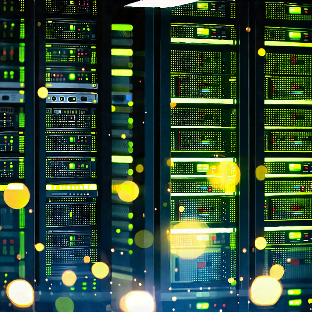 Server Rack With Digital Particles With Large, Brightly