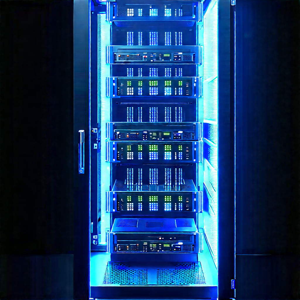 Server rack with blue light glow