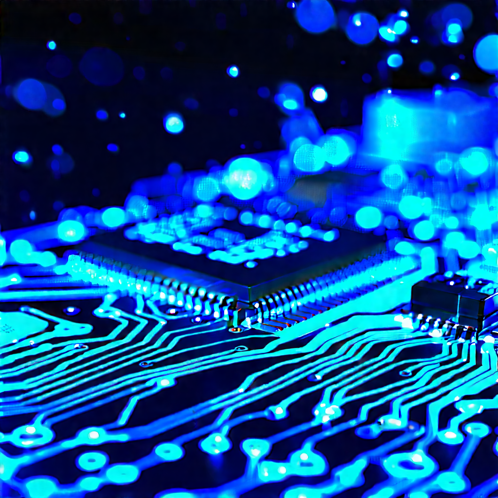 Circuit board with blue light glow