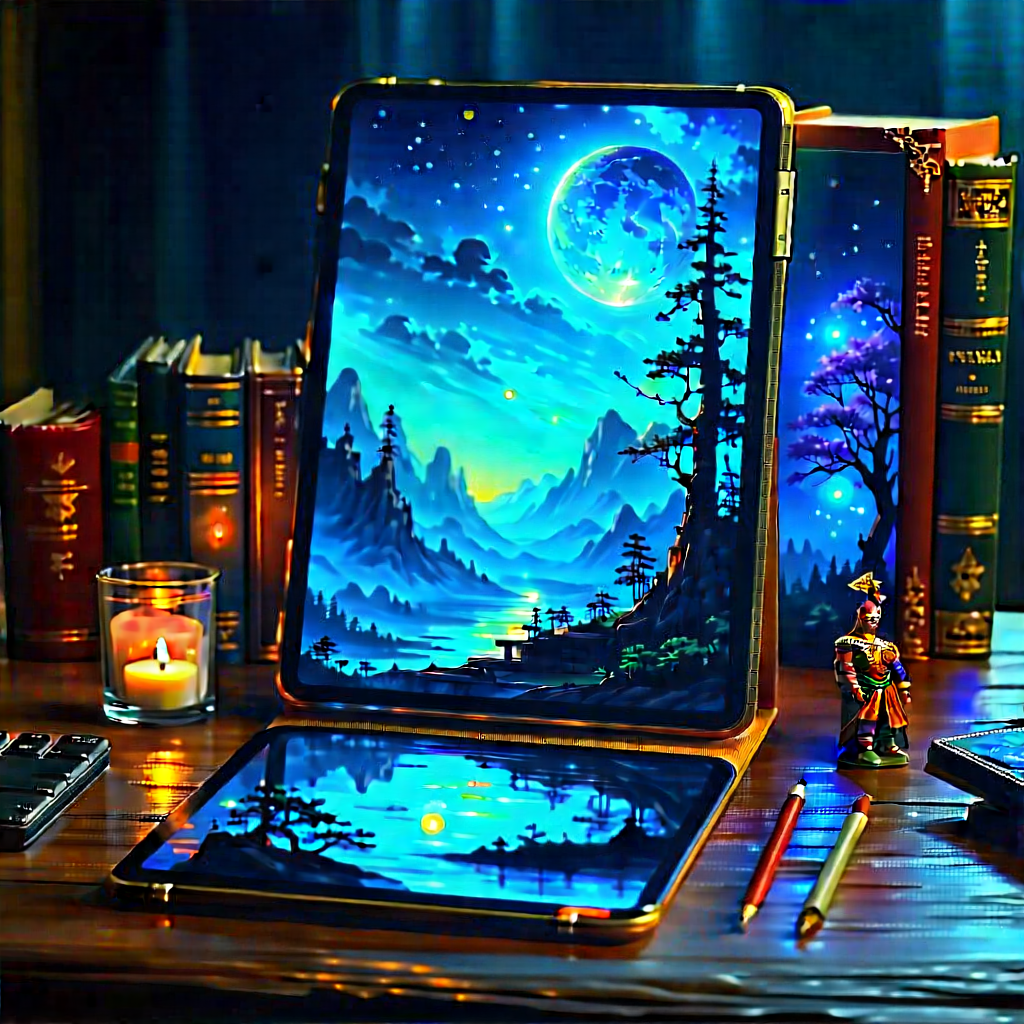 Tablet With Glowing Screen With Table Laptop
