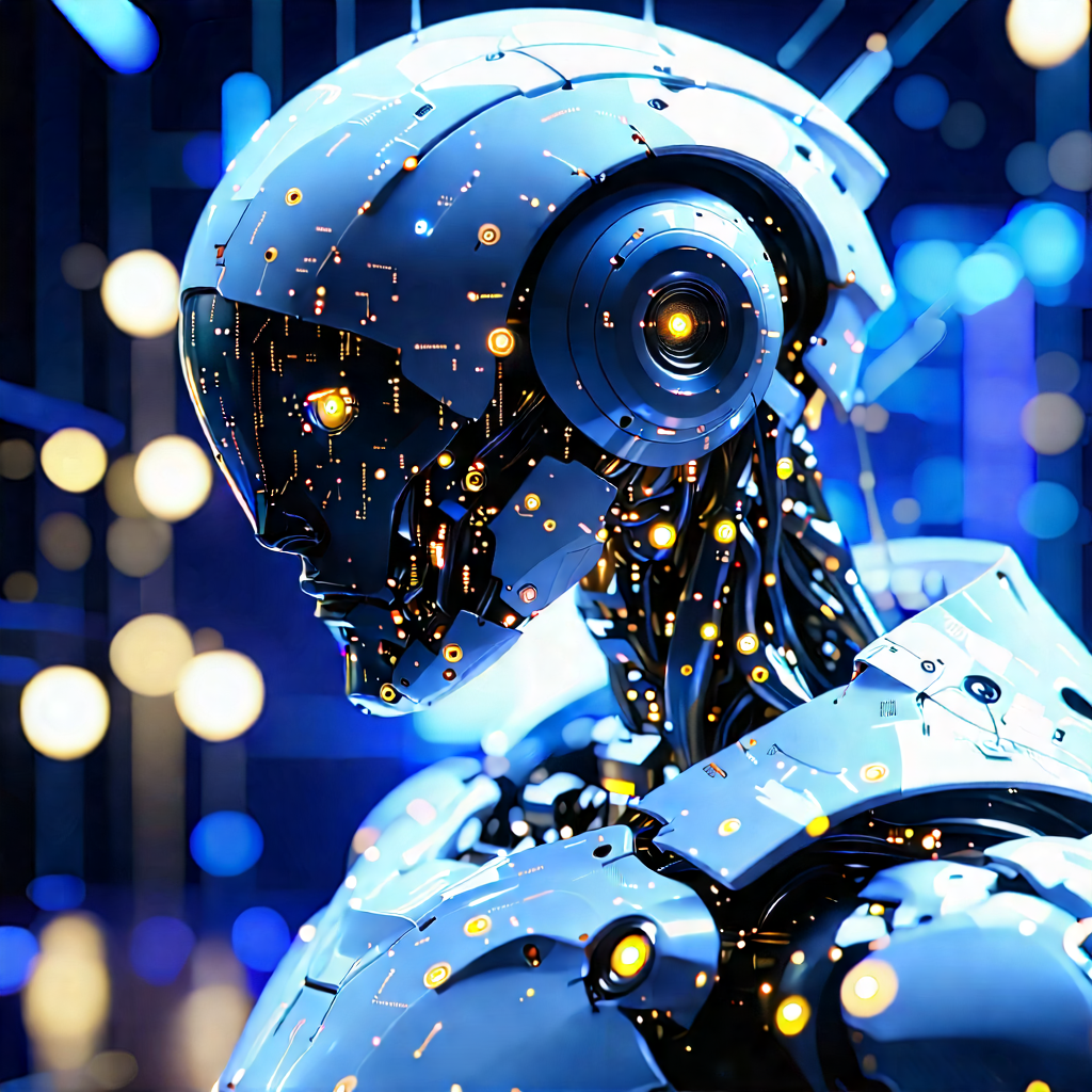 Robot With Data Streams With Futuristic Robot