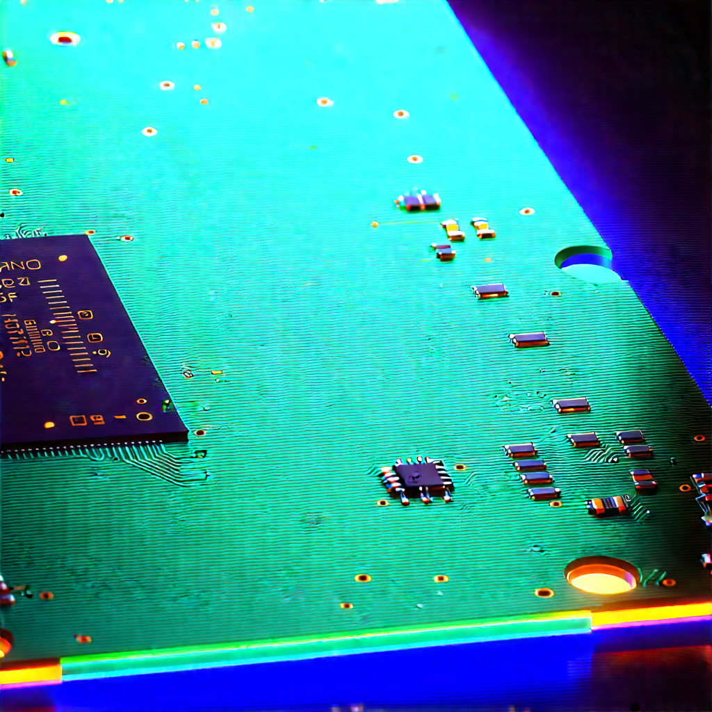 Circuit Board With Blue Light Glow With Close-up Computer