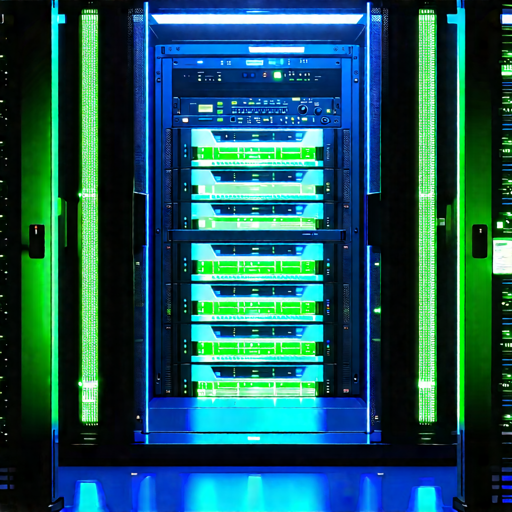 Server rack with blue light glow