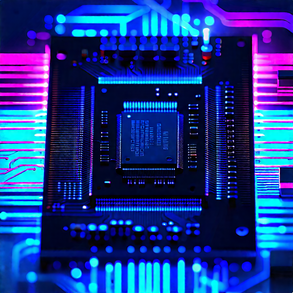 Microchip With Neon Accents With Close-up Computer