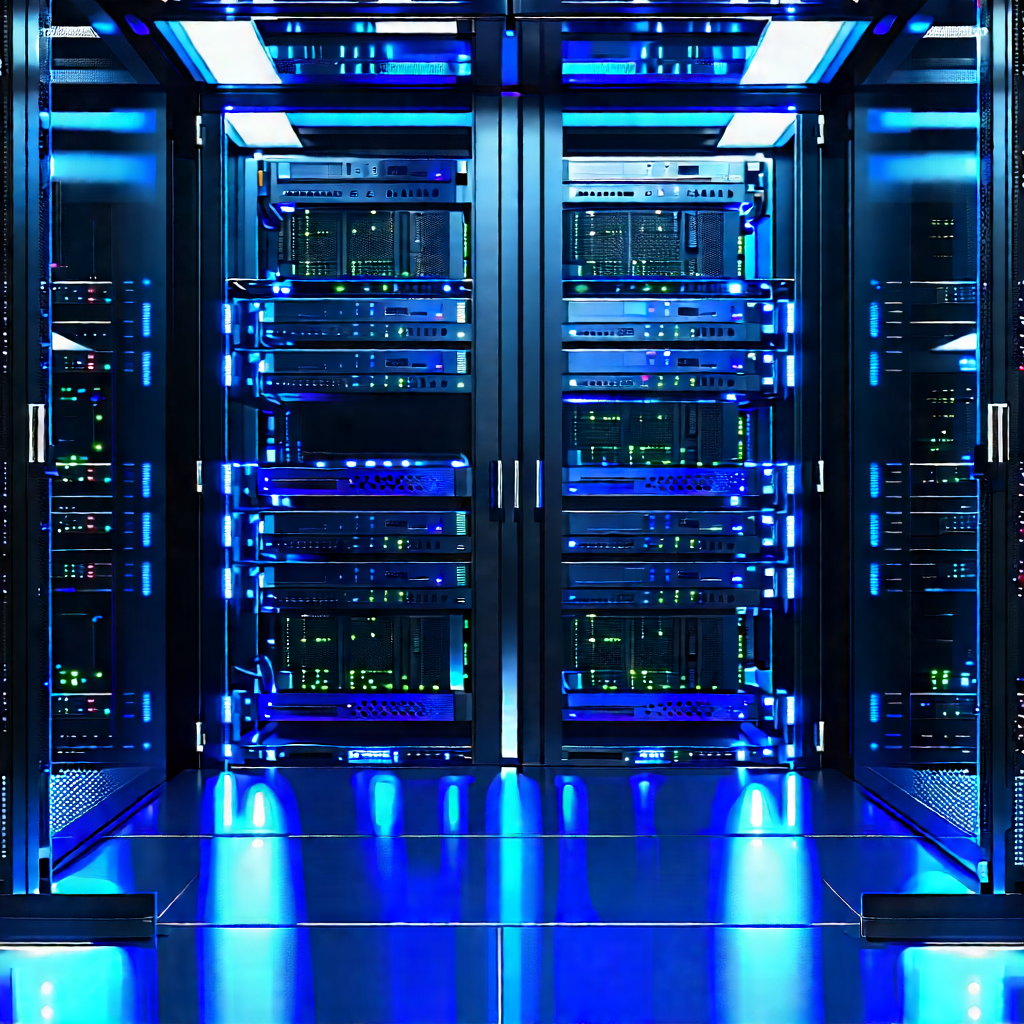 Server rack with blue light glow