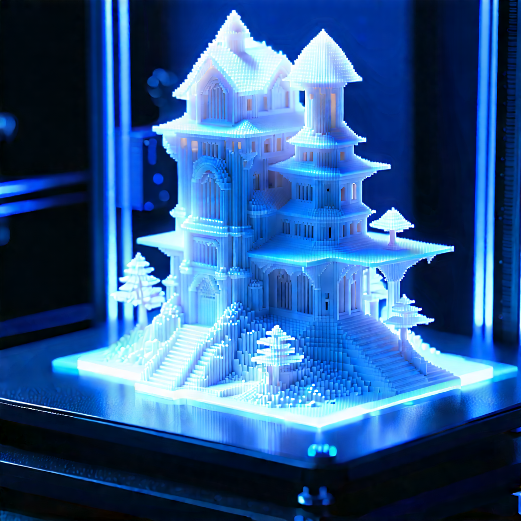 3d Printer With Holographic Projection With Model Castle