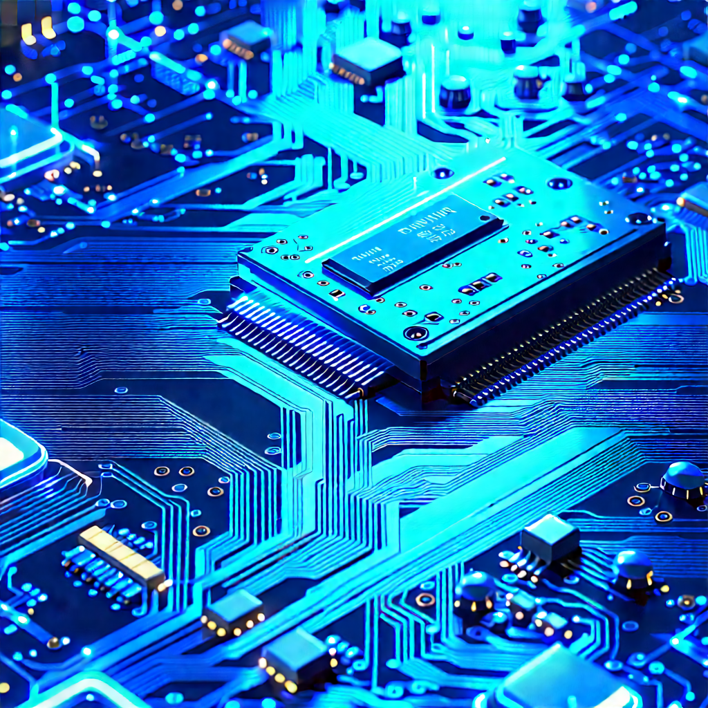 Circuit board with blue light glow