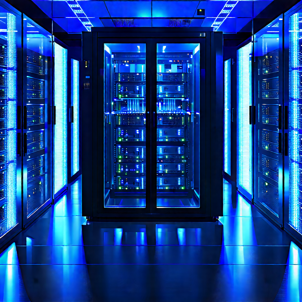 Server Rack With Blue Light Glow With Large Blue