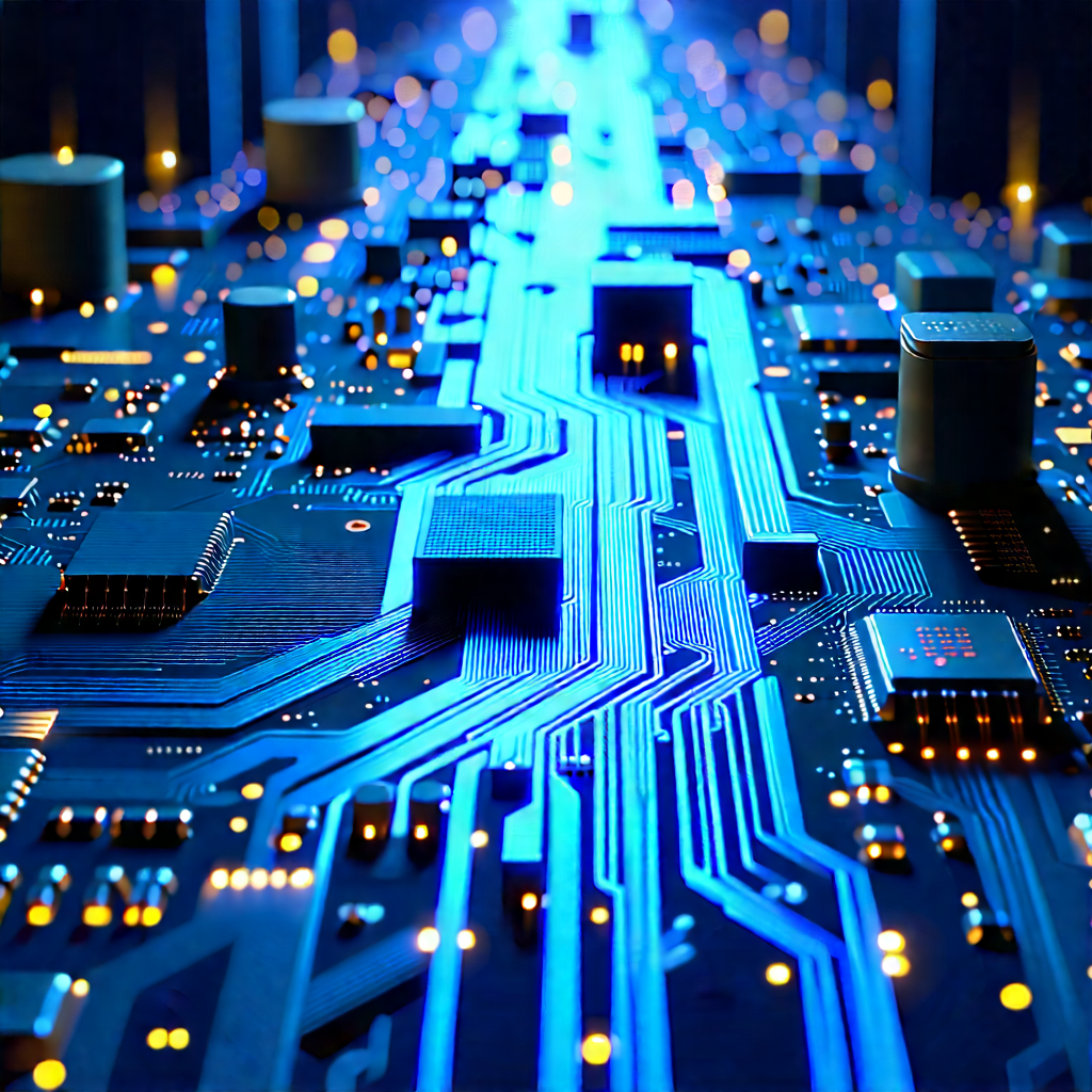 Circuit Board With Data Streams With Blue White