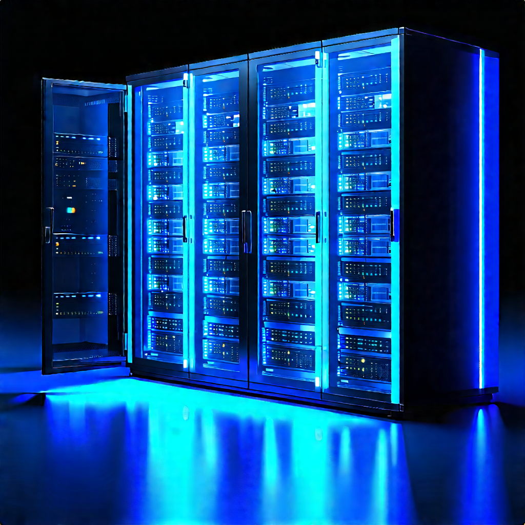 Server Rack With Blue Light Glow With Large Blue