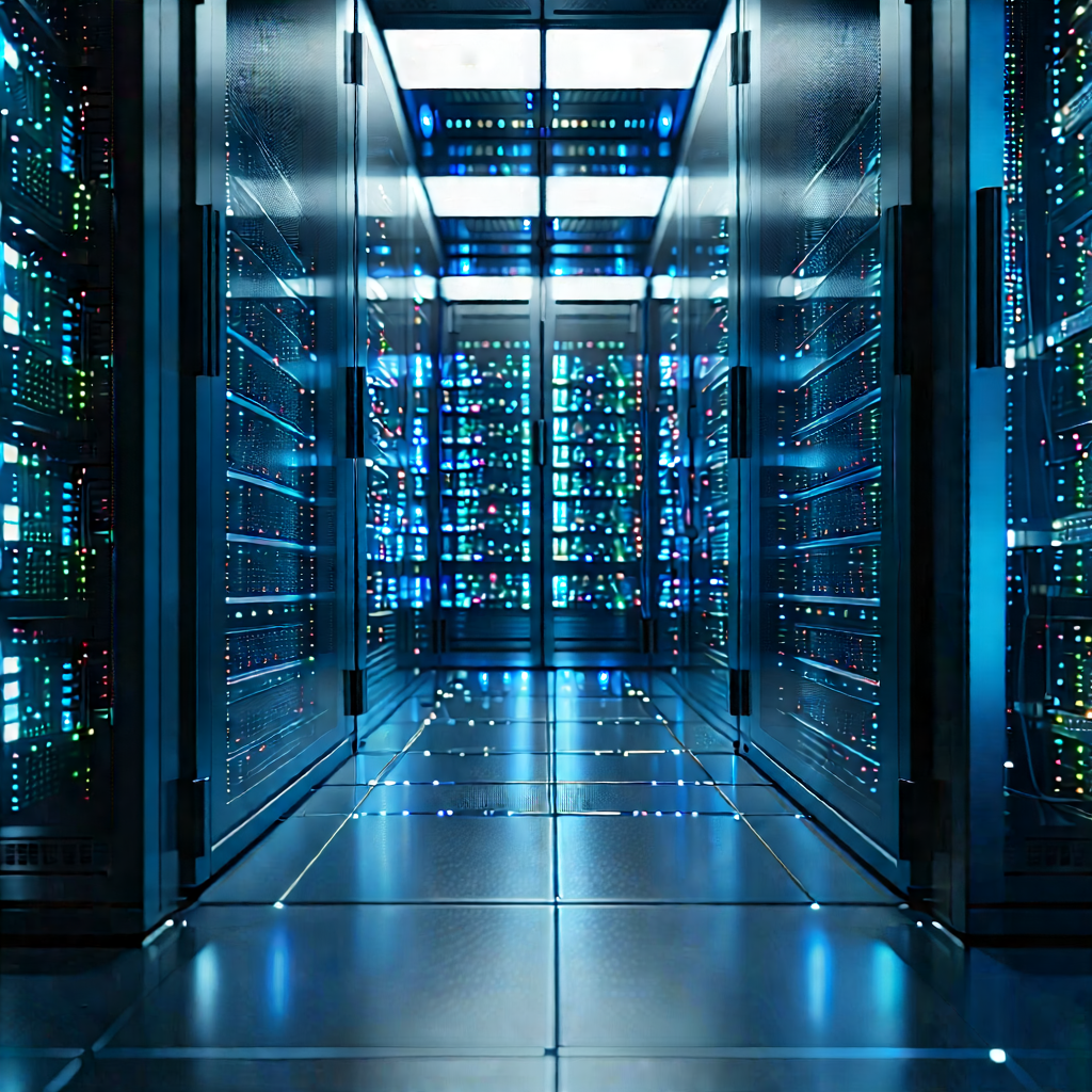 Server Rack With Data Streams With Large Computer