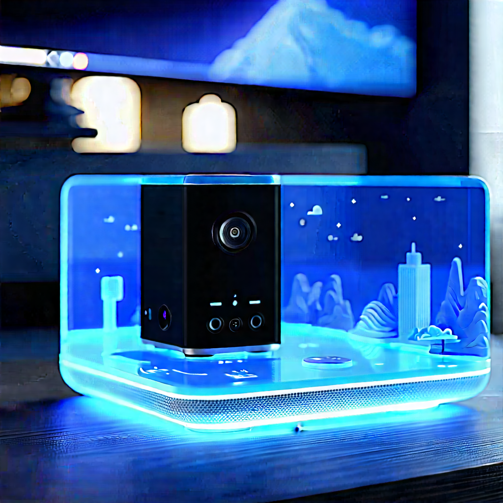 Smart Home Device With Glowing Screen With Small, Blue,