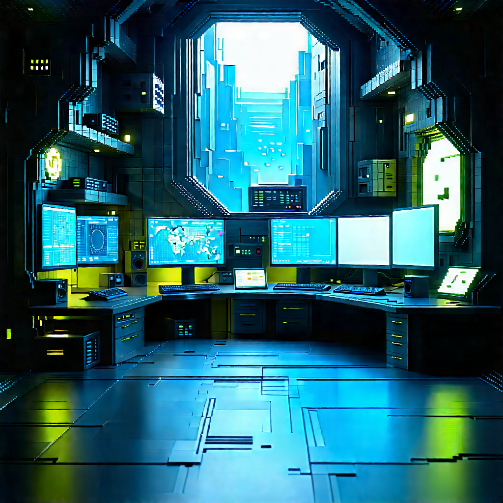 (futuristic:1.28) (digital:1.39) Workspace With Futuristic Setting,